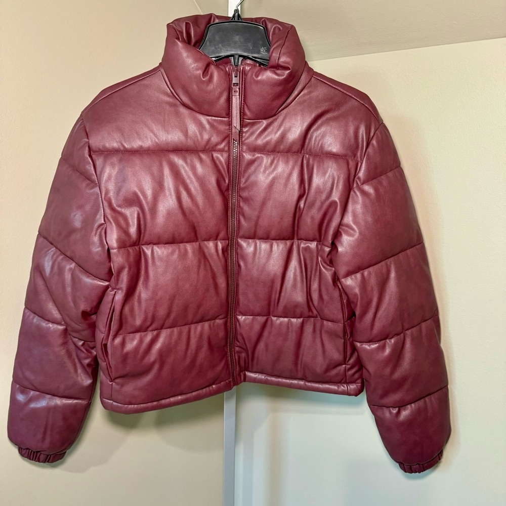 Bagatelle Collection women's XS burgundy faux leather oversized puffer bomber